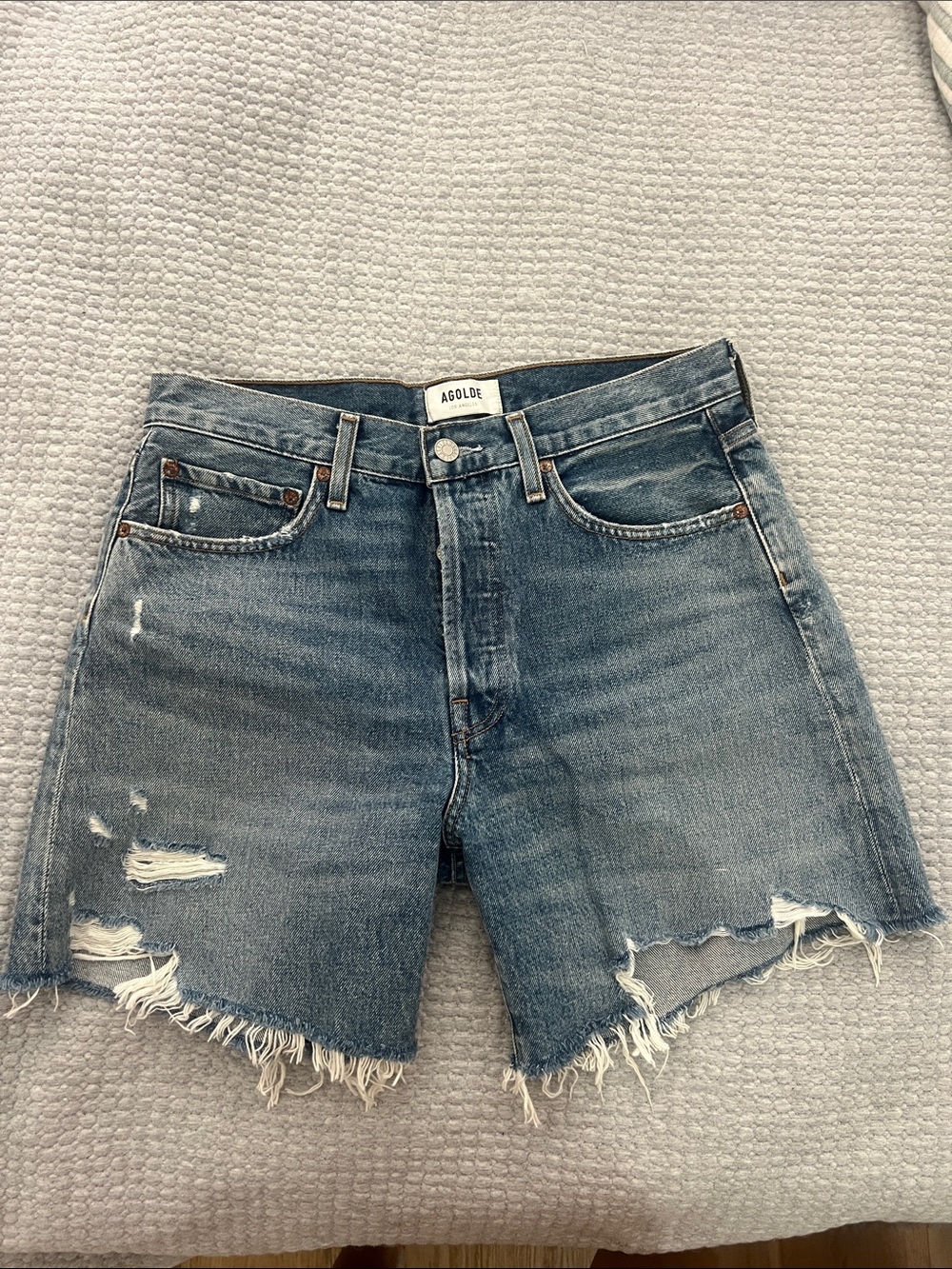 Agolde Light Blue Distressed High-Rise Denim Shorts